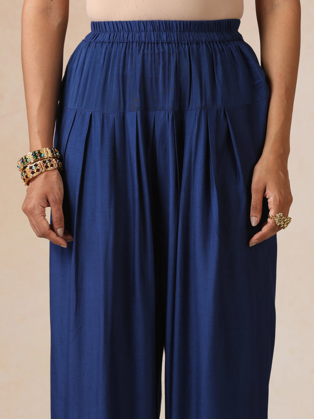 Blue Silver Foil Print Muslin Silk Kurta Farsi Pants Set| SHOBITAM
