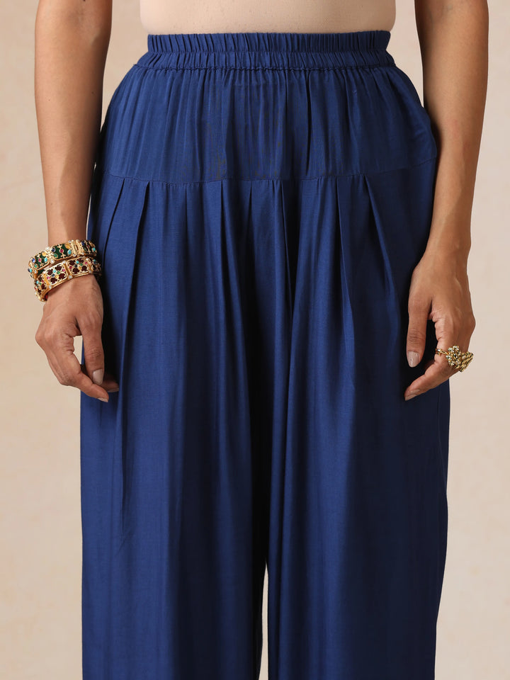 Blue Silver Foil Print Muslin Silk Kurta Farsi Pants Set| SHOBITAM