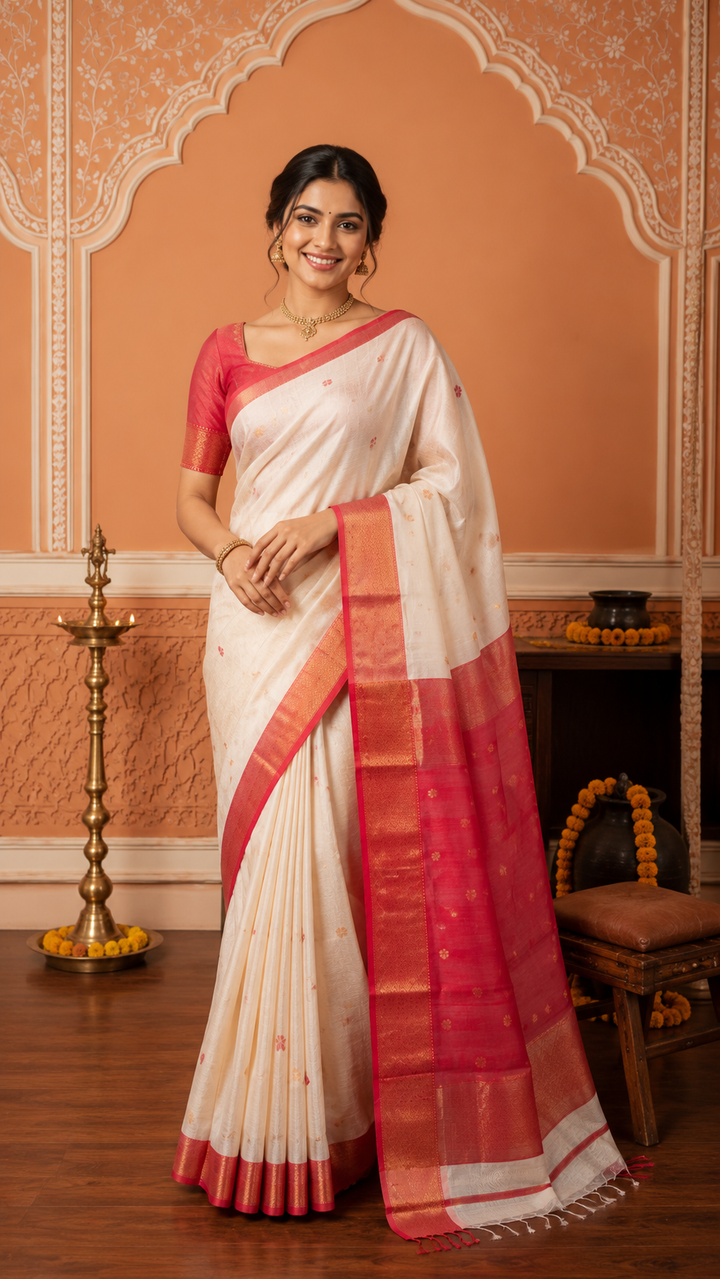 Off White Handwoven Maheshwari Silk Cotton Saree with Zari Border and Contrast Pallu