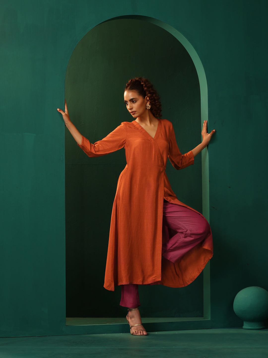 Rust Silk Angrakha Kurta Pant Set | SHOBITAM