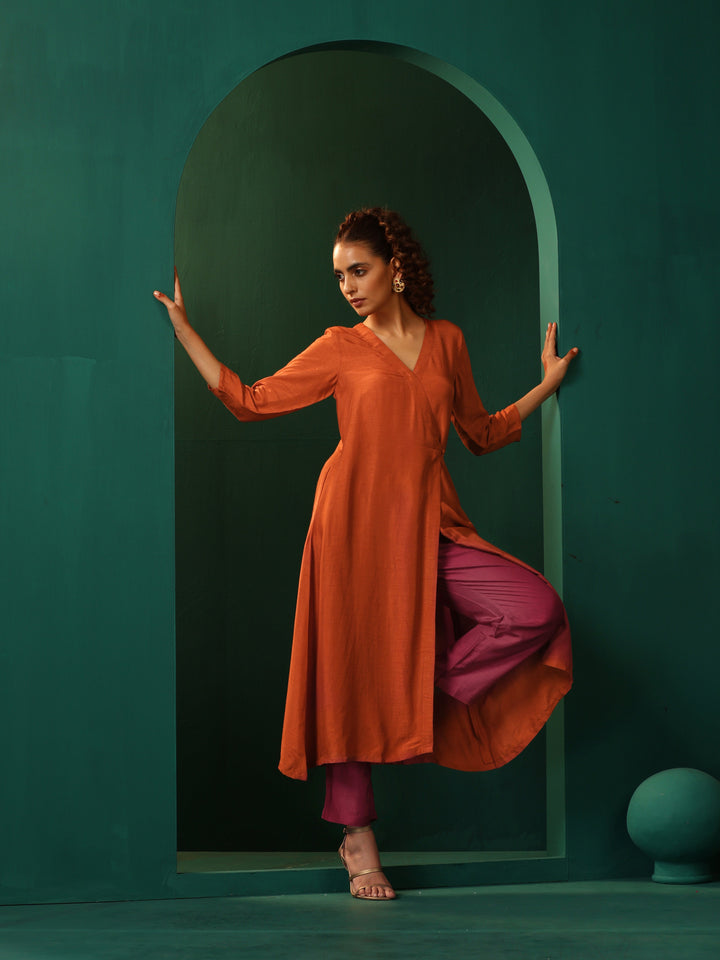 Rust Silk Angrakha Kurta Pant Set | SHOBITAM