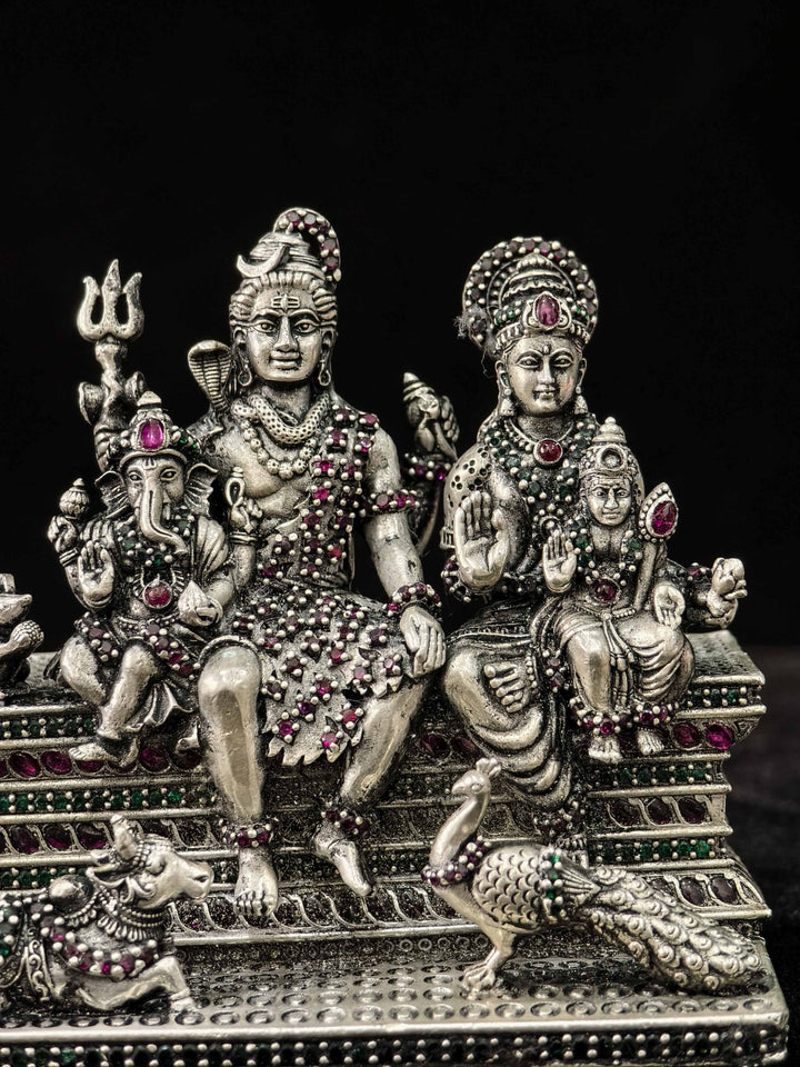 Exquisite Pure 92.5 Silver 3D Idol  Shiva Family with stone work, 360 degree work