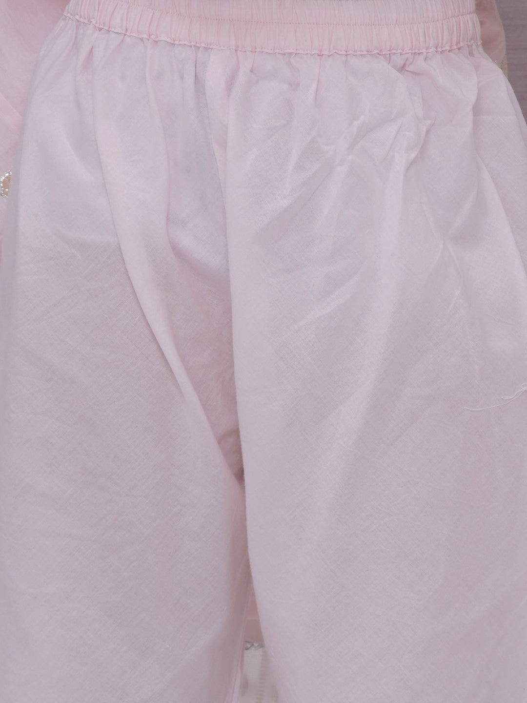 Girls Cotton Three Fourth Sleeves Angrakha Kurta with Pyjami and Net Dupatta with Floral Zari Work - Pink