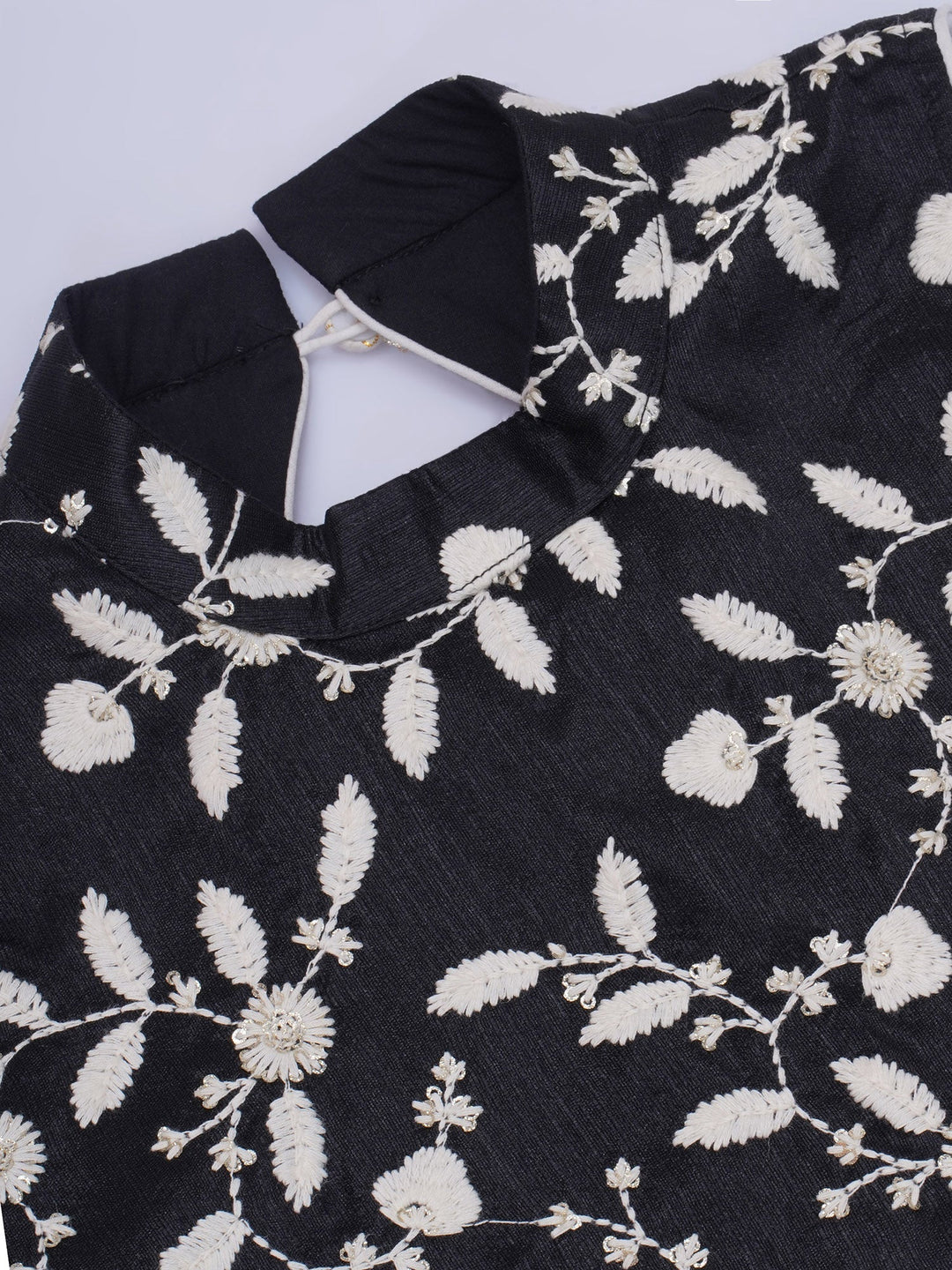 Girls Silk Brocade Floral Thread Work Lehenga with Blouse & Dupatta - Black | SHOBITAM