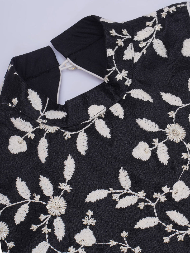 Girls Silk Brocade Floral Thread Work Lehenga with Blouse & Dupatta - Black | SHOBITAM