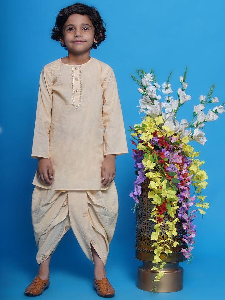 Boys Cotton Sleevelees Golden Ambi Embrodiery Nehru Jacket with Kurta and Dhoti - Seashell Cream | SHOBITAM