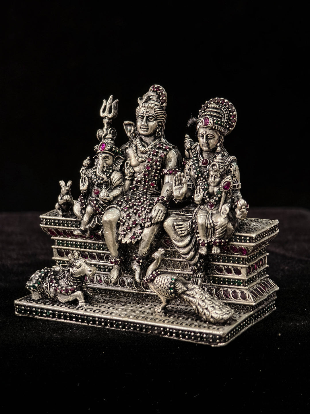 Exquisite Pure 92.5 Silver 3D Idol  Shiva Family with stone work, 360 degree work