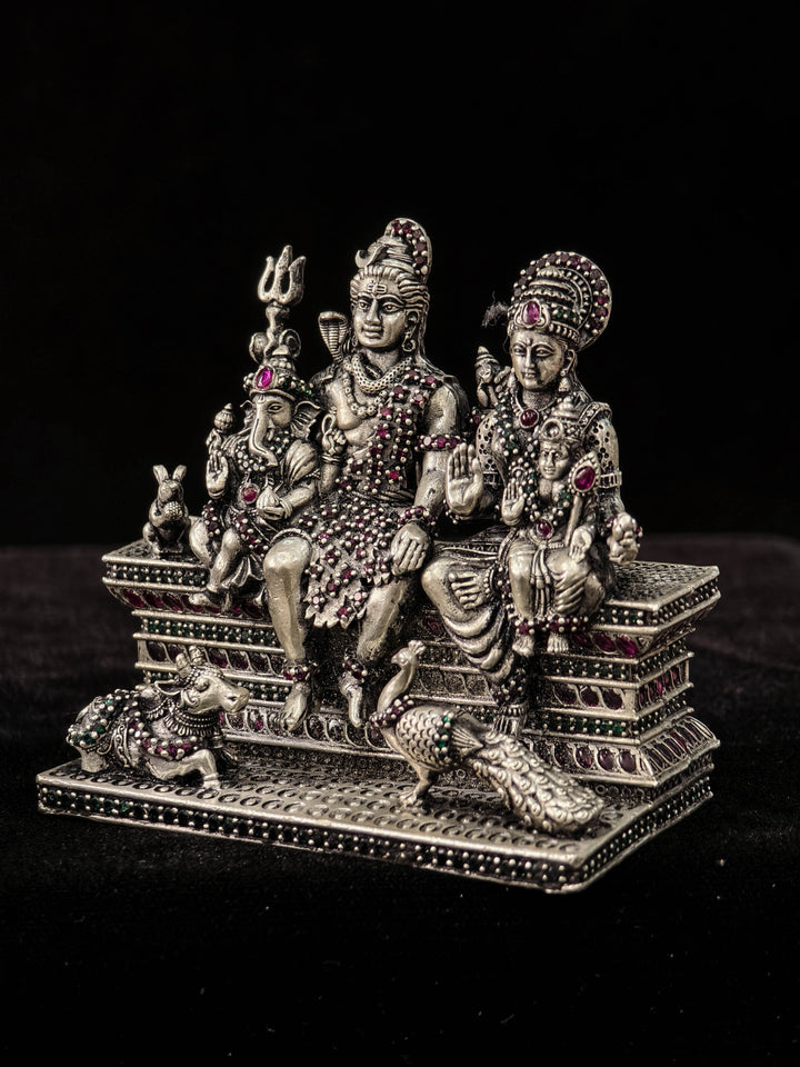Exquisite Pure 92.5 Silver 3D Idol  Shiva Family with stone work, 360 degree work