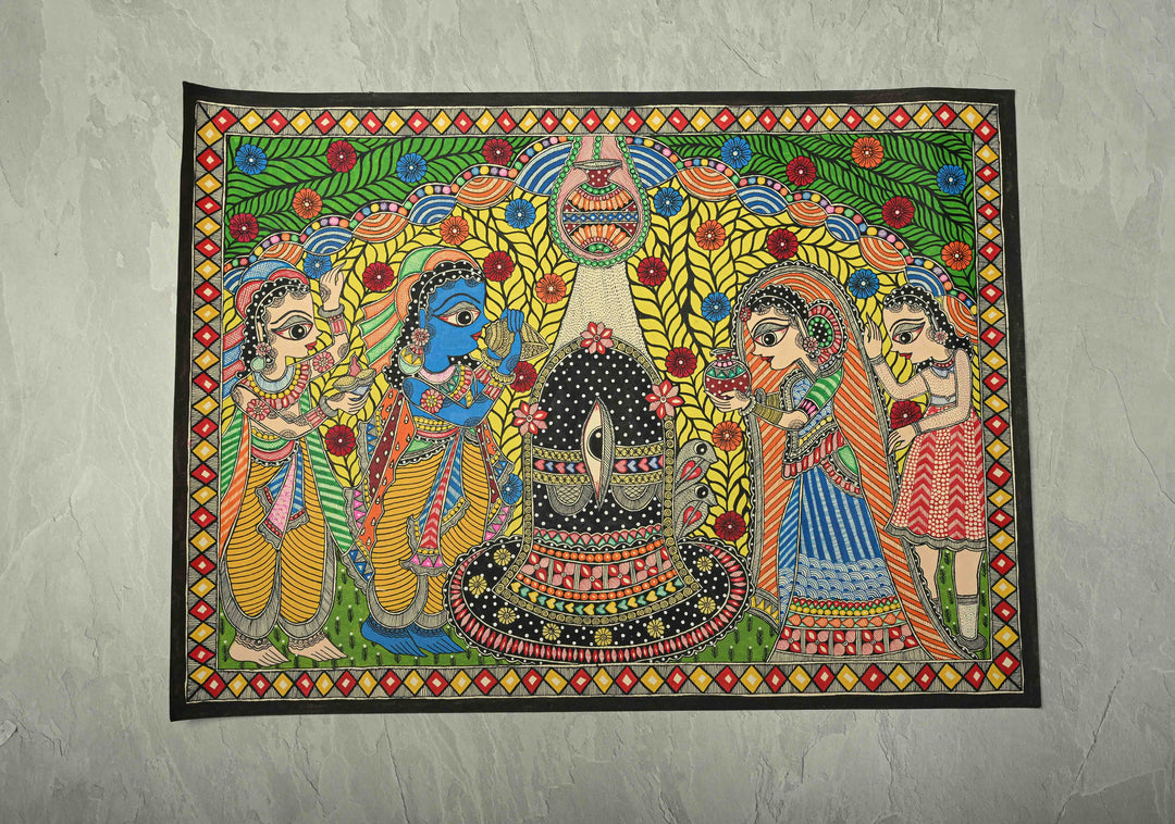 Rama Praying to Shiva at Rameswaram on Kalamkari Fabric, Unframed,30 x 22 | SHOBITAM