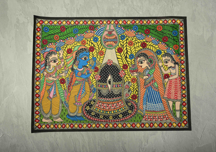 Rama Praying to Shiva at Rameswaram on Kalamkari Fabric, Unframed,30 x 22 | SHOBITAM
