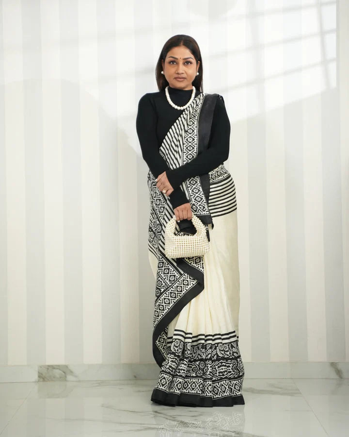 Off White Bishnupuri Handloom Pure Silk Saree with Block Print Geometric Border | SILK MARK CERTIFIED