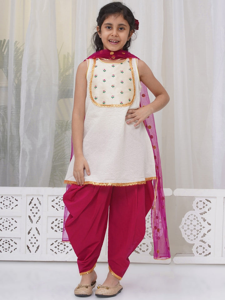 Girls Cotton Sleeveless Kurta with Dhoti Salwar and Dupatta with Floral Embroidery - Cream | SHOBITAM