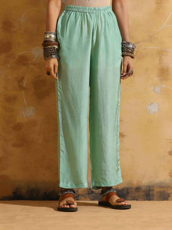 Mint Green Muslin Silk High-Slit Kurta Pant Set  | SHOBITAM