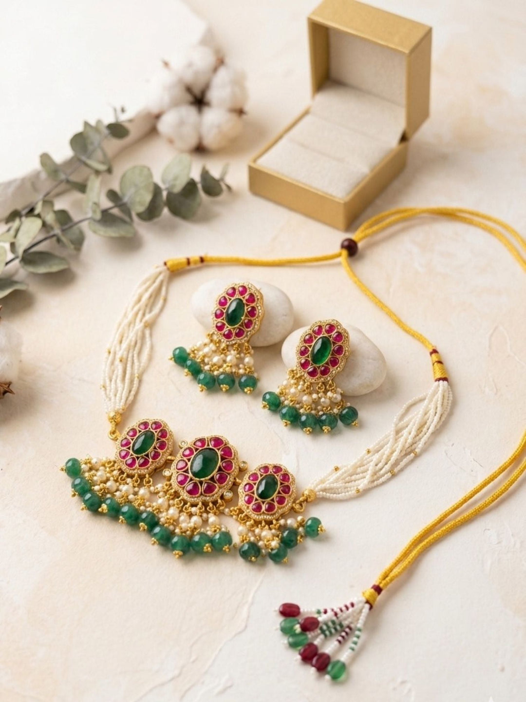Gold Plated Emerald Pachi Kundan Necklace Set | SHOBITAM