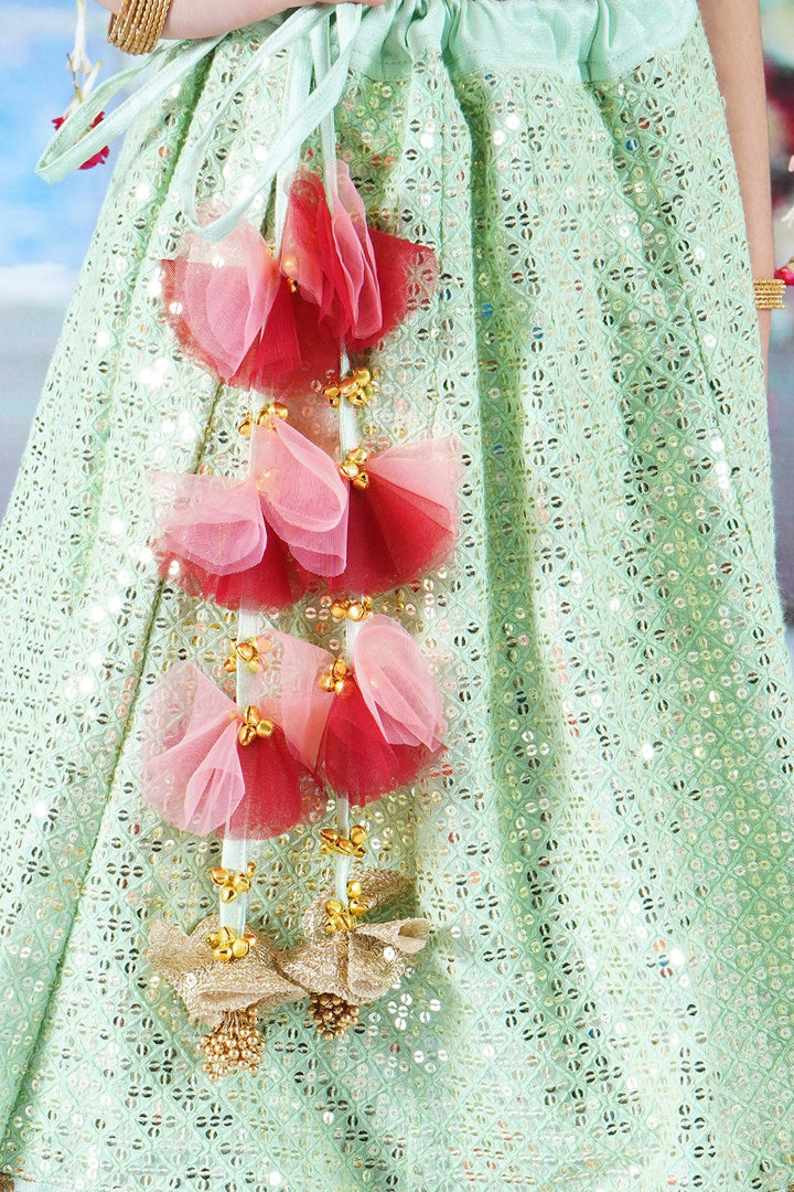 Girl Bageecha Floral Thread work Blouse with Mirror work Lehenga and Sequin moti work Dupatta, accompanied with Hand made tassel and Ghungroo work | SHOBITAM