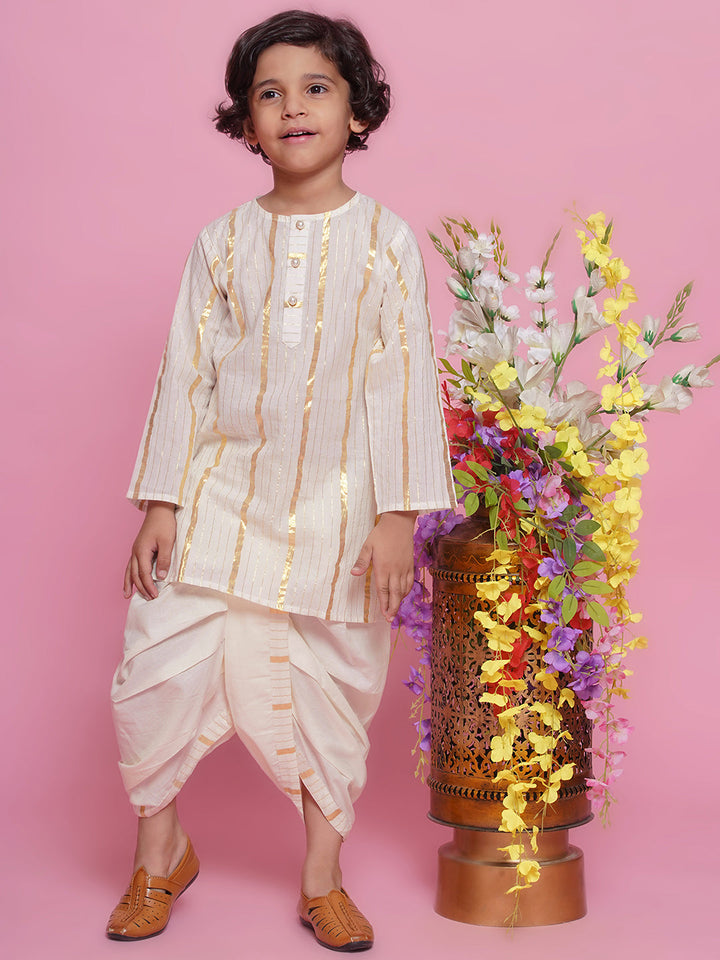 Cotton Full Sleeves Kurta with Floral Embroidery Nehru Jacket and Dhoti -Cream | SHOBITAM