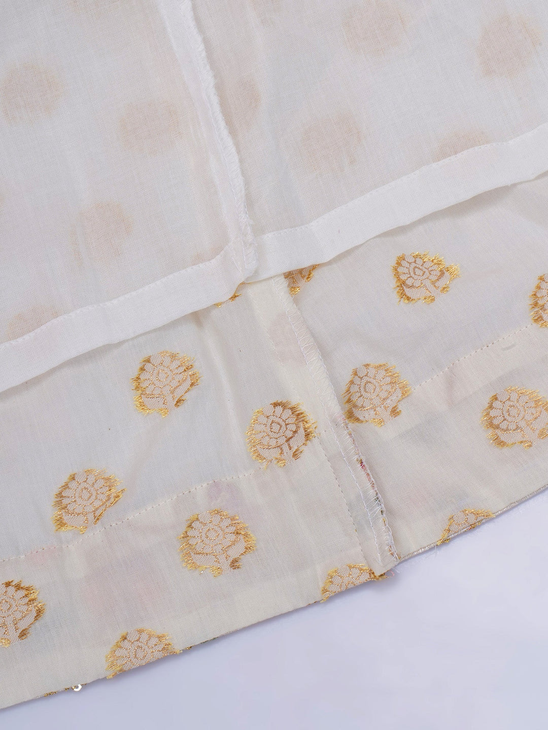 Girls Cotton Three Fourth Sleeves Frock Kurta with Sharara and Dupatta with Floral Embroidery & Zari Work - Cream | SHOBITAM