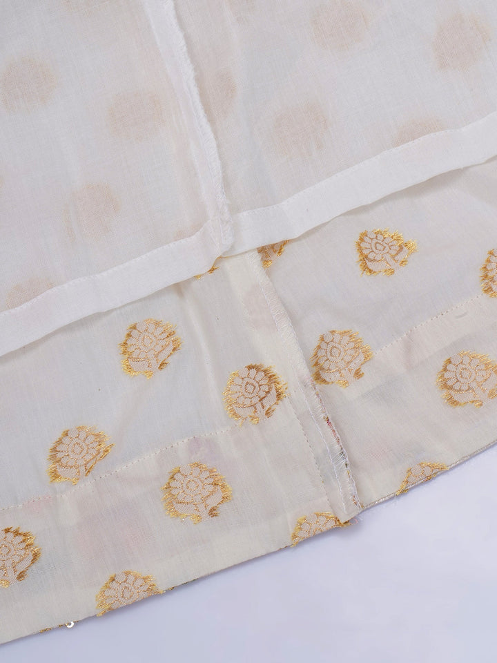Girls Cotton Three Fourth Sleeves Frock Kurta with Sharara and Dupatta with Floral Embroidery & Zari Work - Cream | SHOBITAM