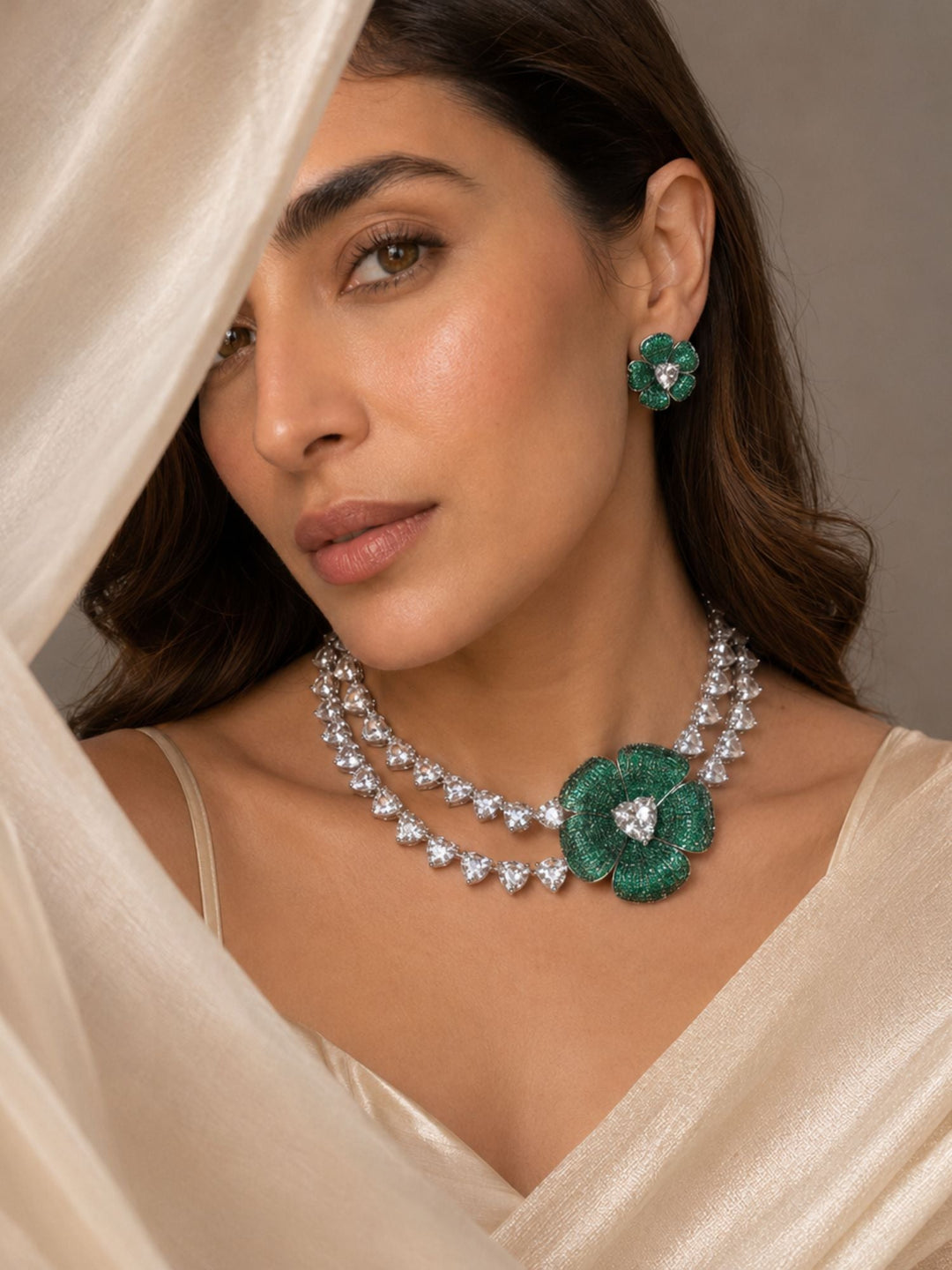 Emerald Bloom Floral Necklace Set with Crystal Petal Drops | SHOBITAM