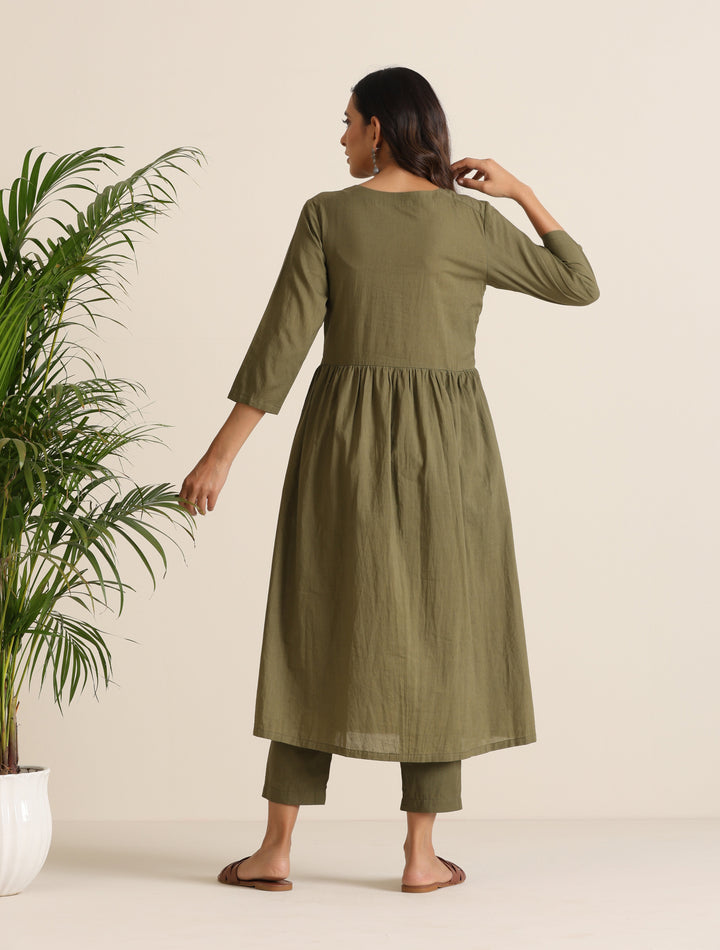 Olive Cotton Cutwork Embroidered Kurta Set  | SHOBITAM