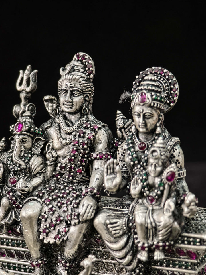 Exquisite Pure 92.5 Silver 3D Idol  Shiva Family with stone work, 360 degree work