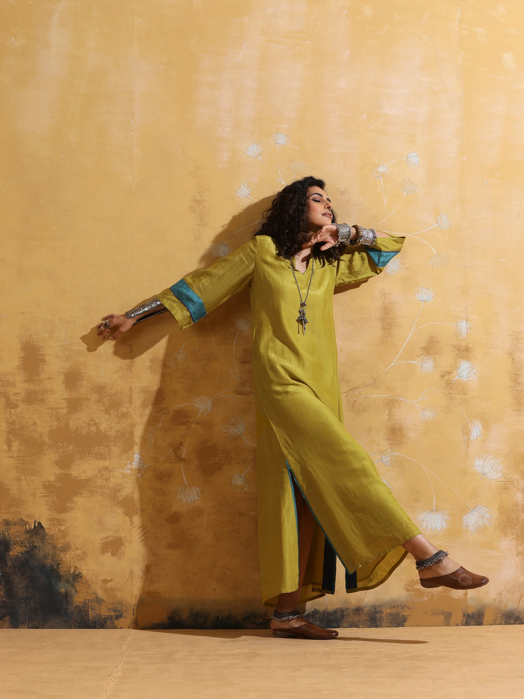 Lime Muslin Silk Straight Maxi Dress  | SHOBITAM