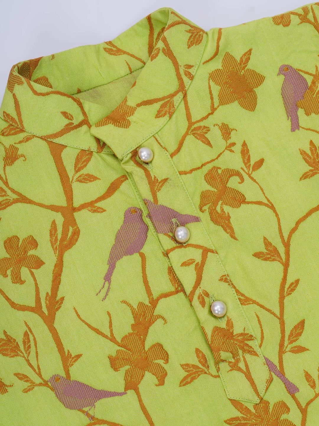 Boys Cotton Full Sleeves Kurta and Dhoti with Floral Bird Thread Embroidery- Green | SHOBITAM