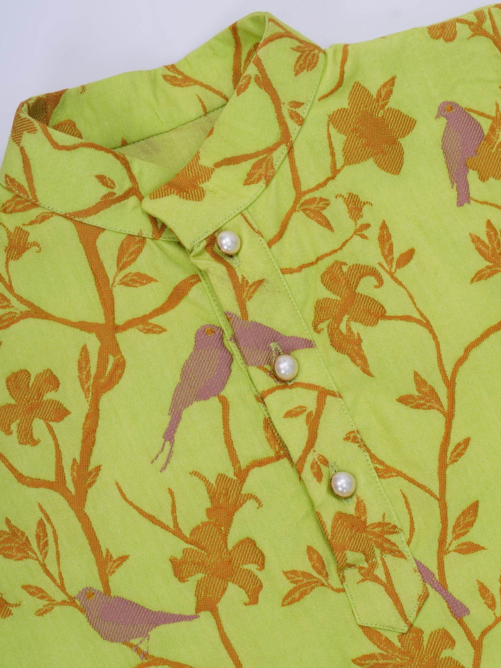 Boys Cotton Full Sleeves Kurta and Dhoti with Floral Bird Thread Embroidery- Green | SHOBITAM