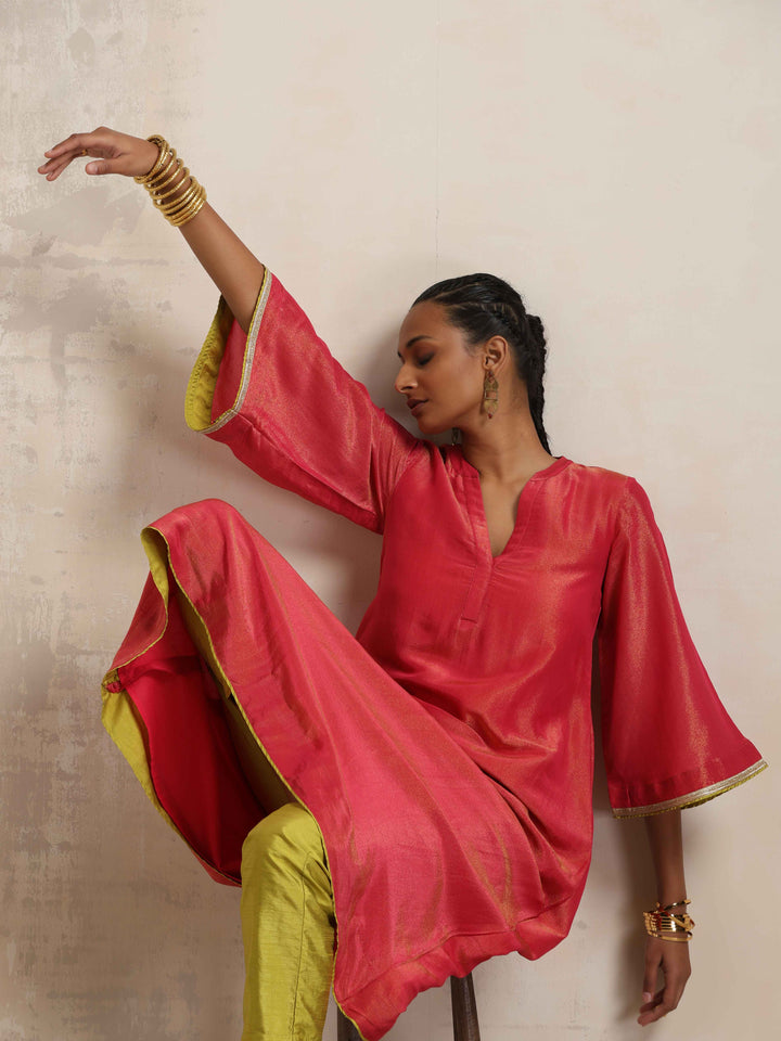 Hot Pink Tissue Flared Kurta Set | SHOBITAM