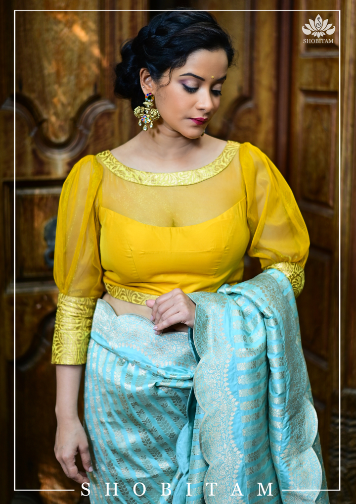Mustard boat neck Blouse with Sheer Yoke and Puff Sleeves, Banarasi Brocade Detailing