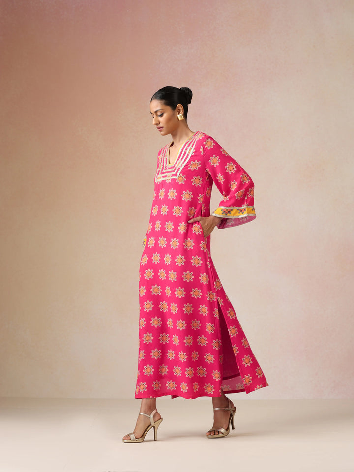 Pink Boota Print Viscose Straight Maxi Dress | SHOBITAM