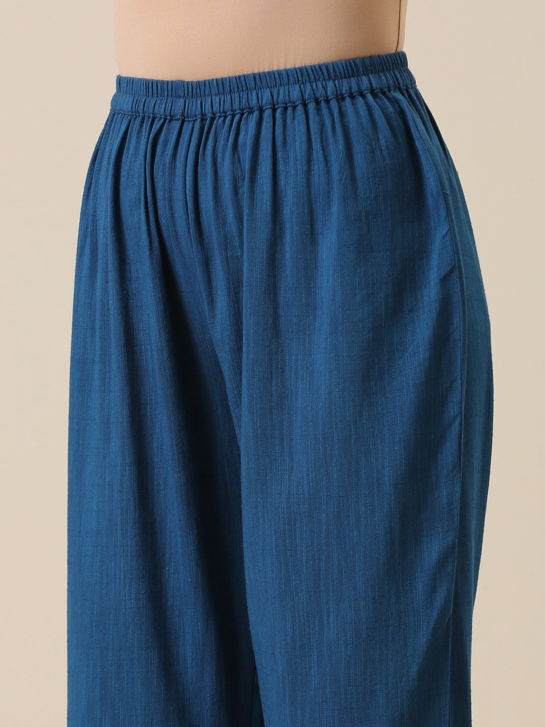 Classic Blue Slub Texture Overlap Pleat Kurta Pant Set  | SHOBITAM