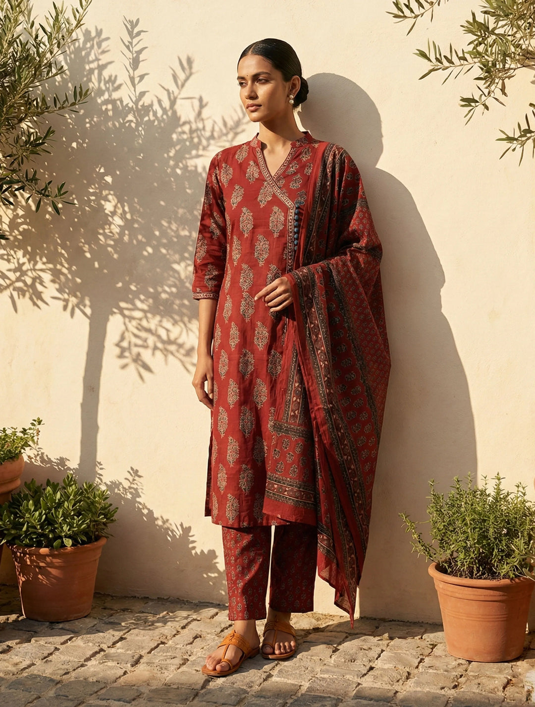 Rust Boota Print Angrakha Kurta Pant Dupatta Set | SHOBITAM