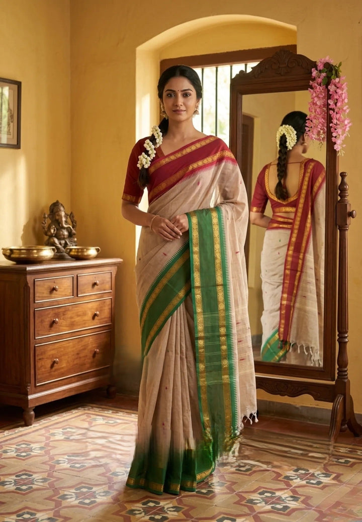 Chalk Beige Mercerized cotton Rudhraksham Ganga Jamuna border | SHOBITAM