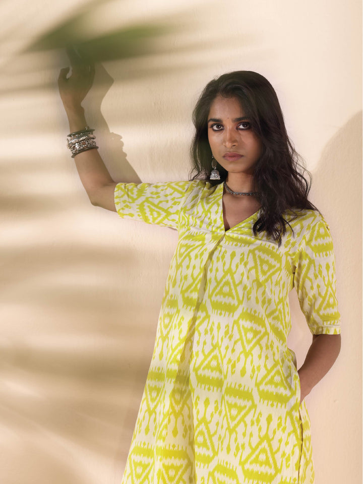 Lime Cotton Ikat Kurta Pant Set | SHOBITAM
