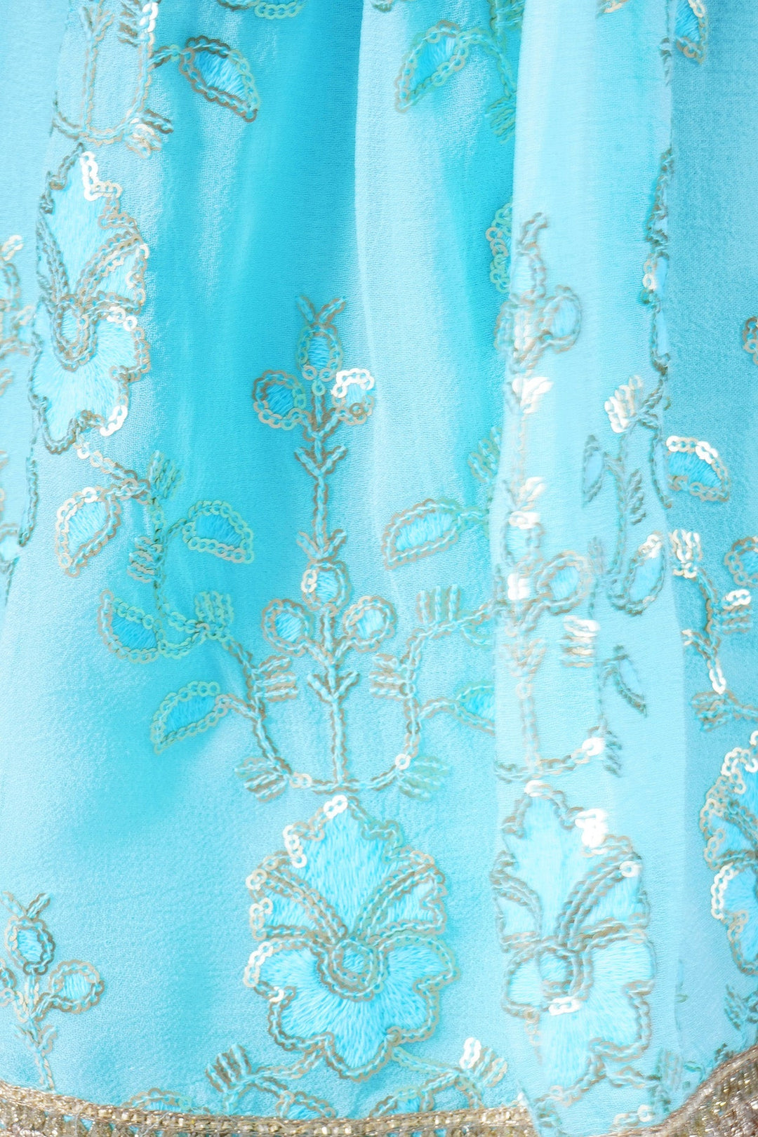 Girls Cotton Candy Blue Kurta with Irish Thread and Sequin work Embroidery with Sharara, Dupatta and Potli | SHOBITAM