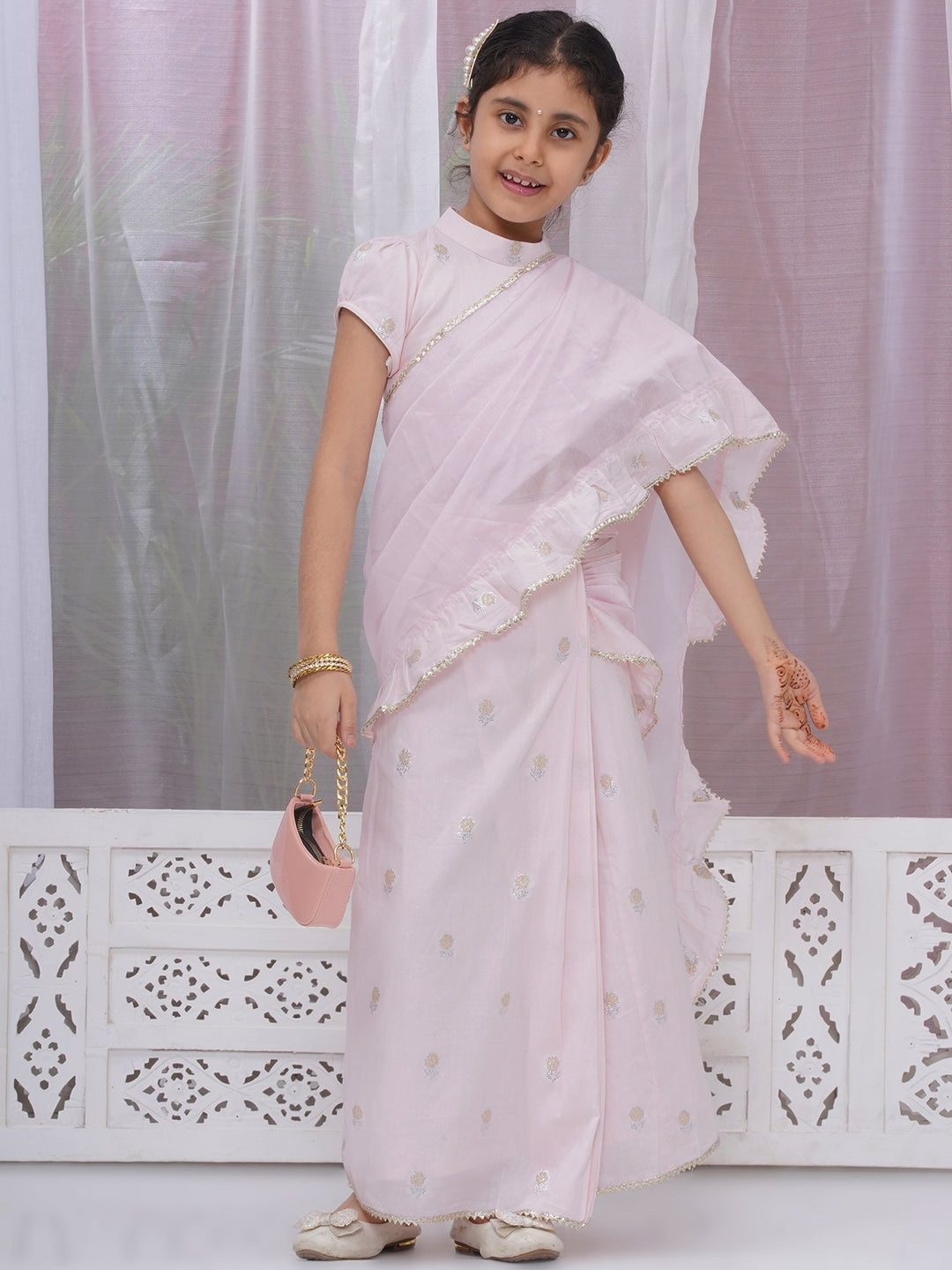 Girls Cotton Puff Sleeves Rose Embroidery Ready to wear Blouse with Ready to wear Chanderi Ruffle Saree - Pink | SHOBITAM