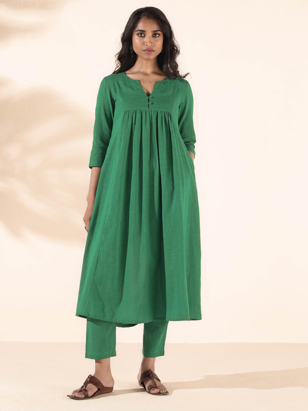 Green Cotton Long Kurta Pant Set | SHOBITAM