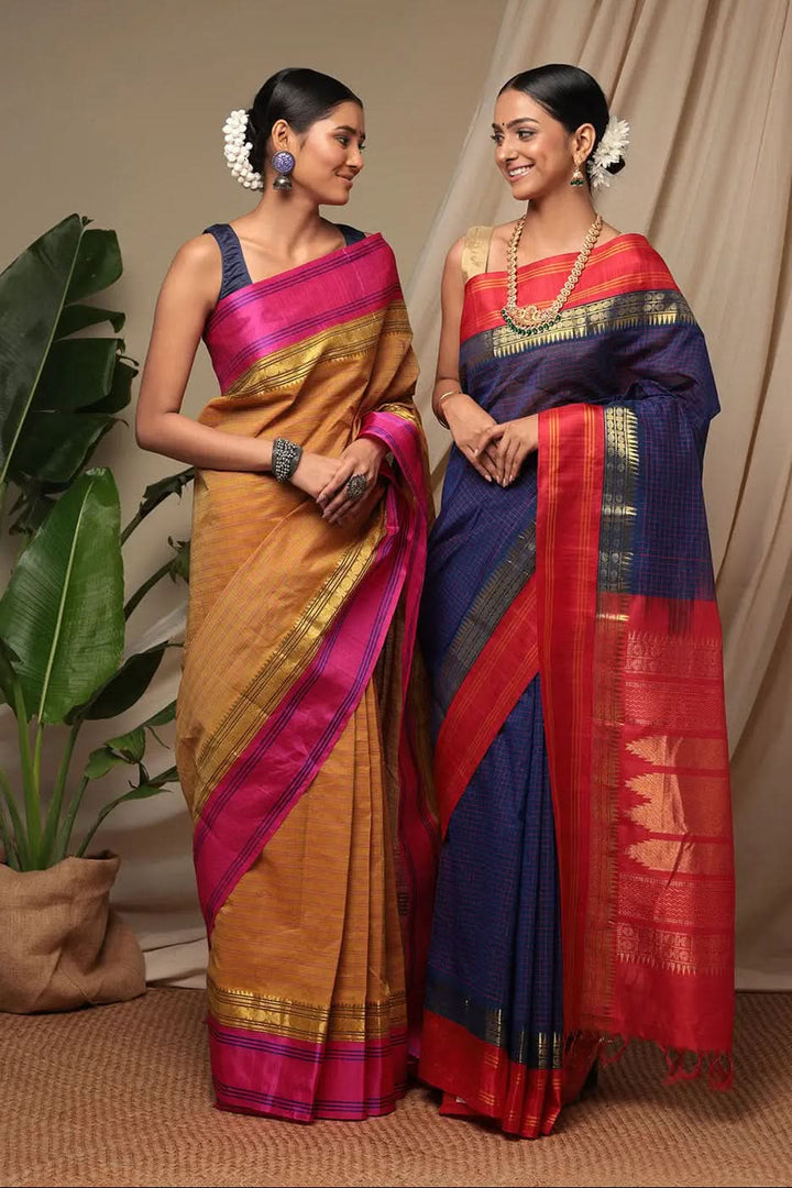 Handloom Honey Yellow Pure Cotton Kanchi Saree With Pure Silk Border And Pallu | SHOBITAM