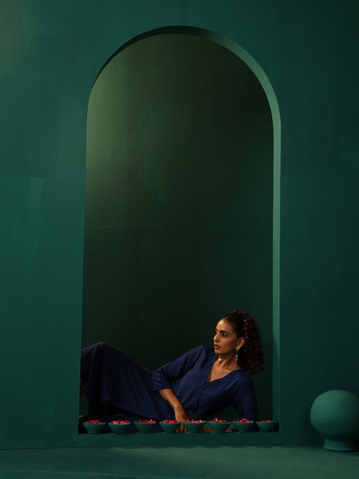 Blue Silk Angrakha Kurta Pant Set  | SHOBITAM