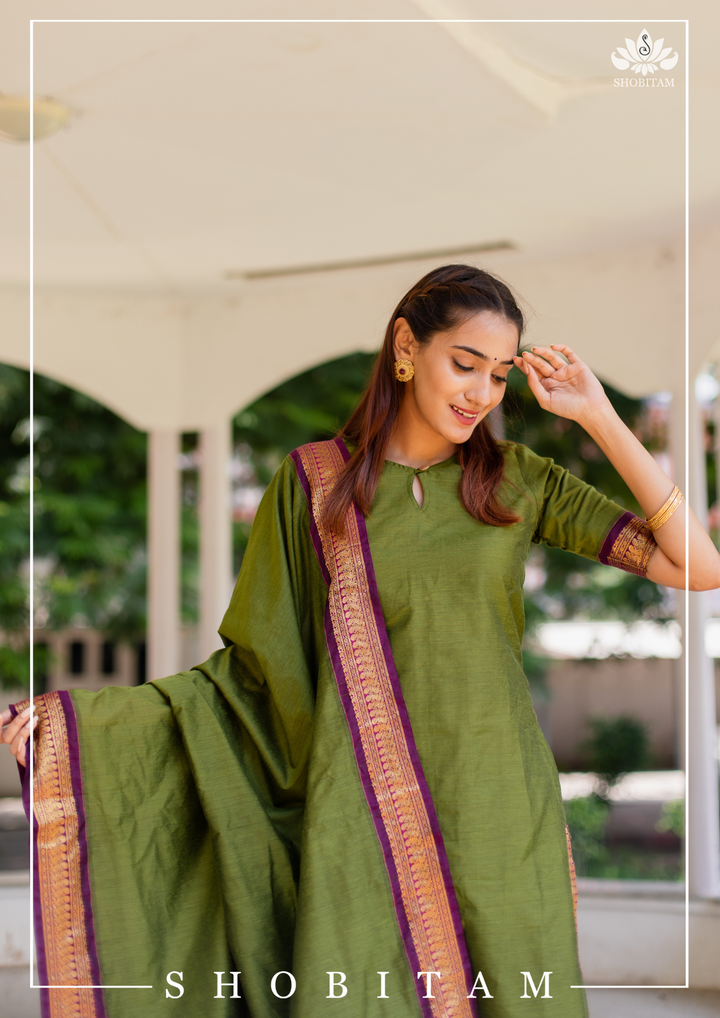 Meenakshi Green Kalyani cotton top and duppatta  | Shobitam Custom Gowns | Made To Order