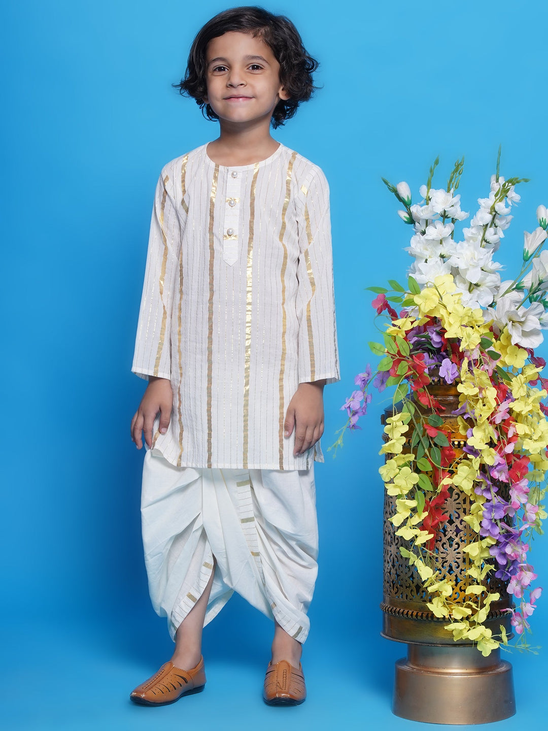 Chand Sitare Nehru Jacket with Cotton Dhoti Kurta - Cream & Maroon | SHOBITAM