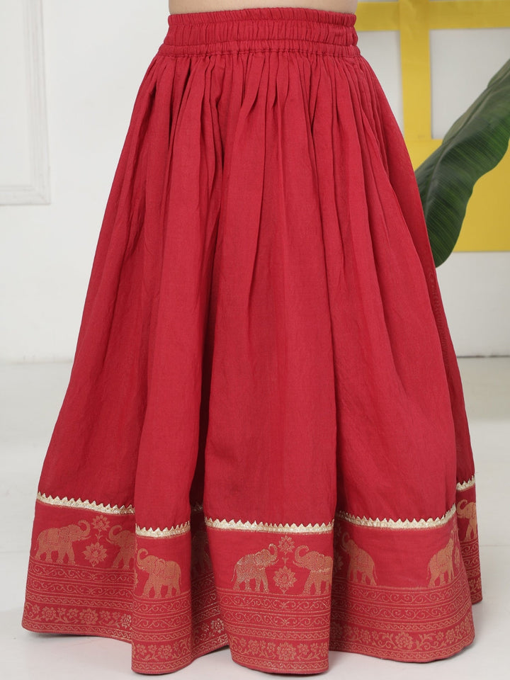 Red Elephant Zari Embroidery Chanderi Cotton Lehenga with Stitched Cream Blouse Set | SHOBITAM