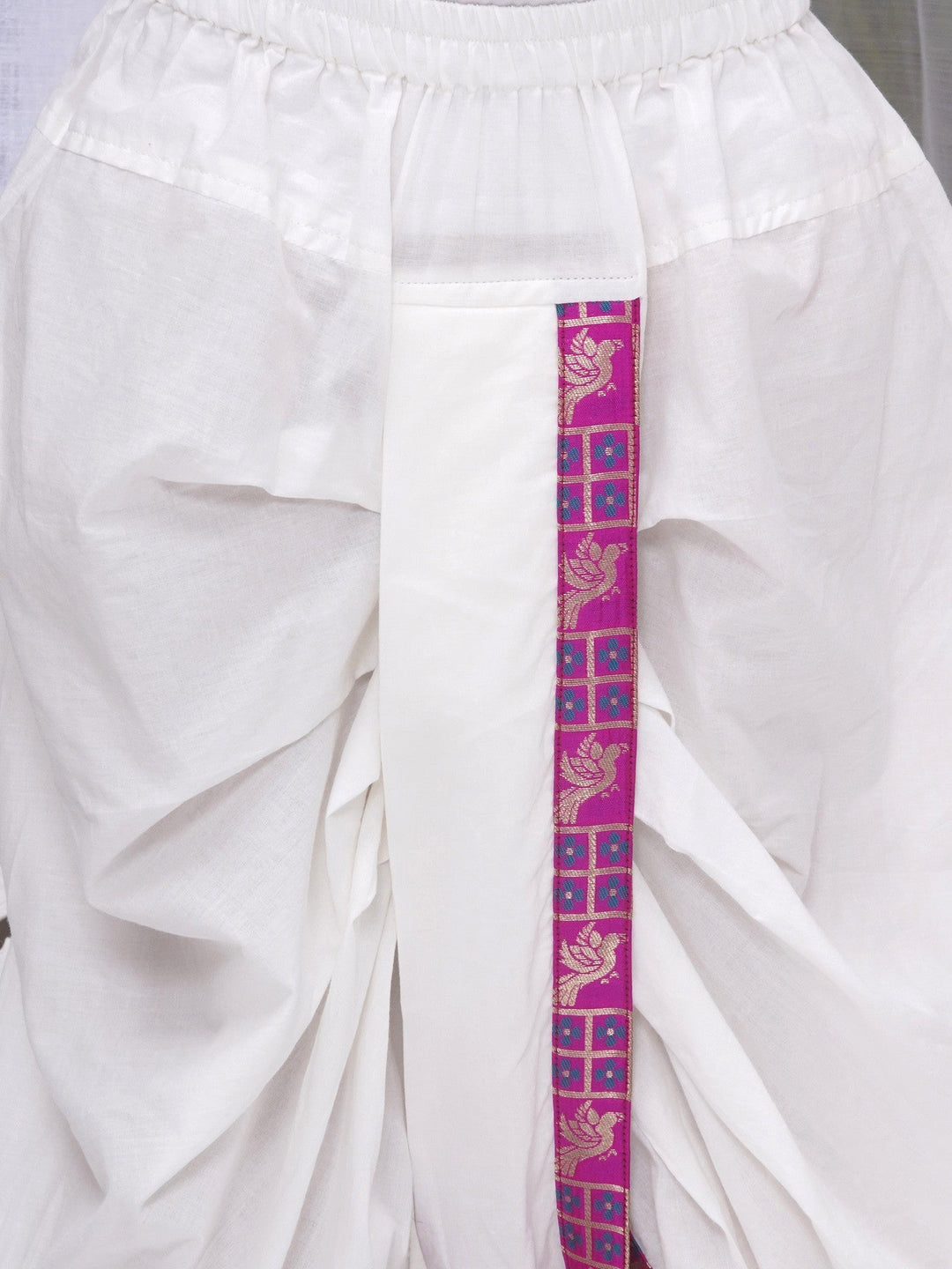 Boys Silk Brocade Full Sleeves Sherwani and Dhoti with Bird Embroidery & Kundan Buttons- Magenta | SHOBITAM