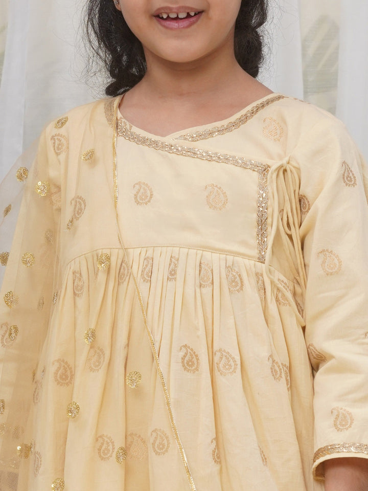 Girls Cotton Three Fourth Sleeves Angrakha Kurta with Sharara and Net Dupatta with Paisley Design Zari Work- Dutch Cream | SHOBITAM