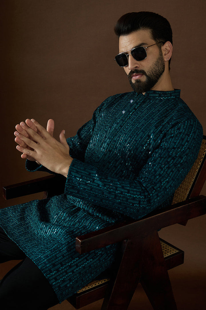 Teal Georgette Solid Embroidered Straight Kurta Sets | SHOBITAM