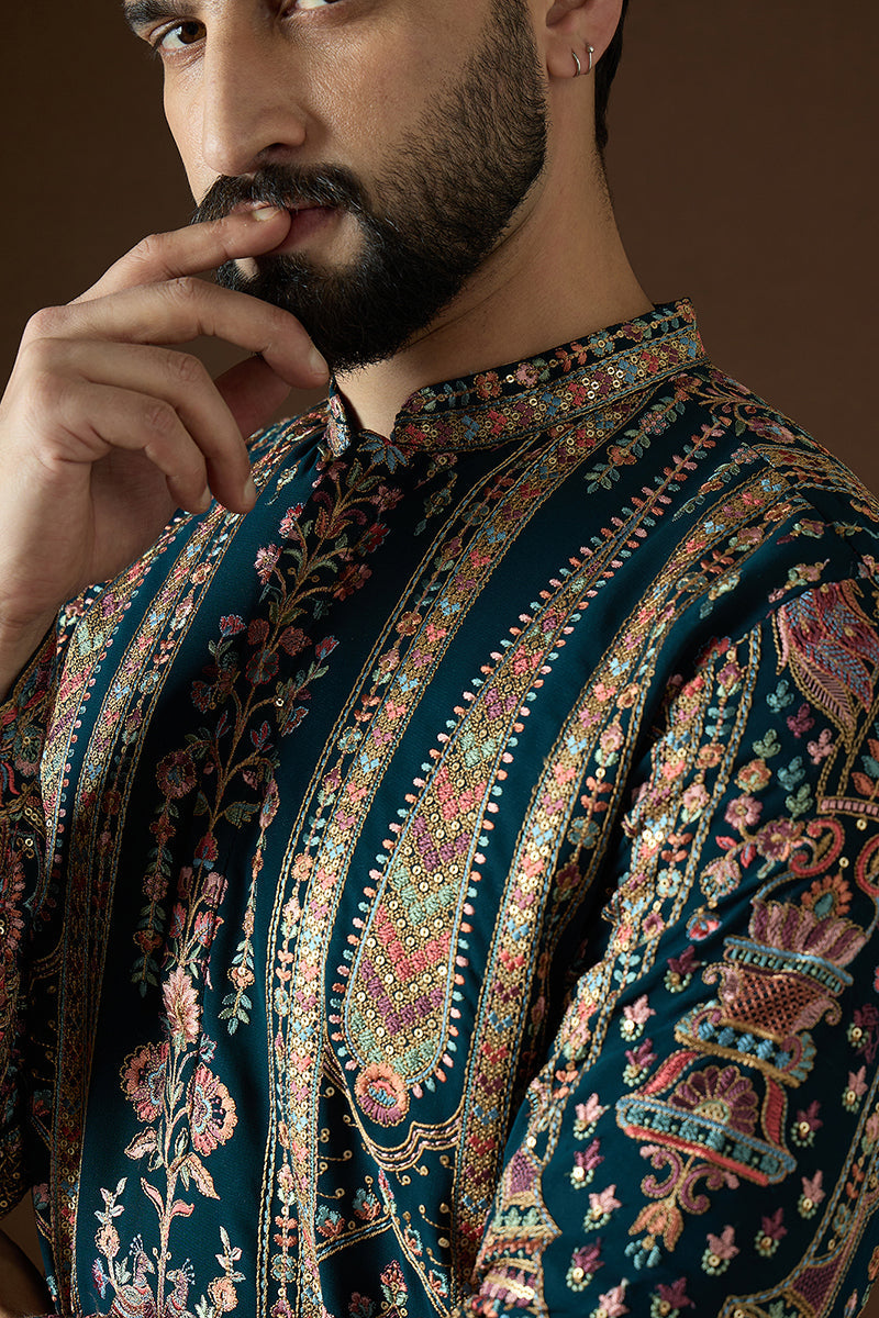 Teal Georgette Solid Embroidered Straight Kurta | SHOBITAM