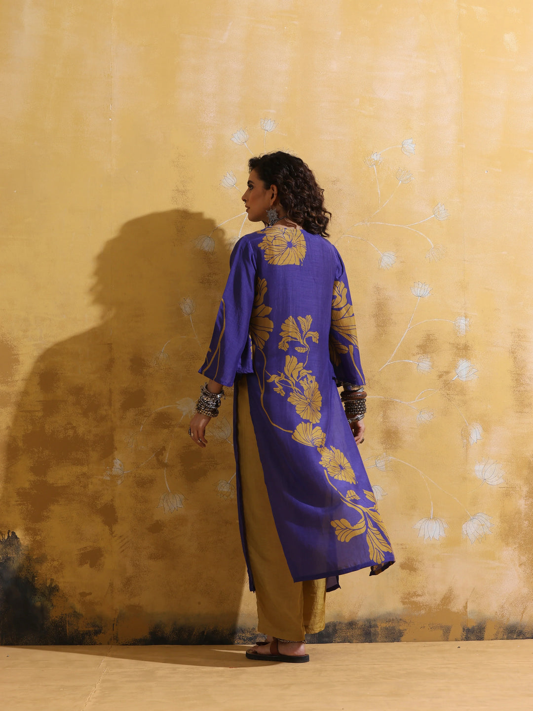 Purple Mustard Floral Print Muslin Silk High-Slit Kurta Set  | SHOBITAM