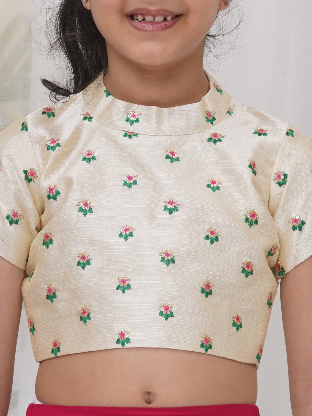 Girls Brocade Short Sleeves Sequin Floral Embroidery Ready to wear Blouse with Ready to wear Georgette Saree - Rani | SHOBITAM