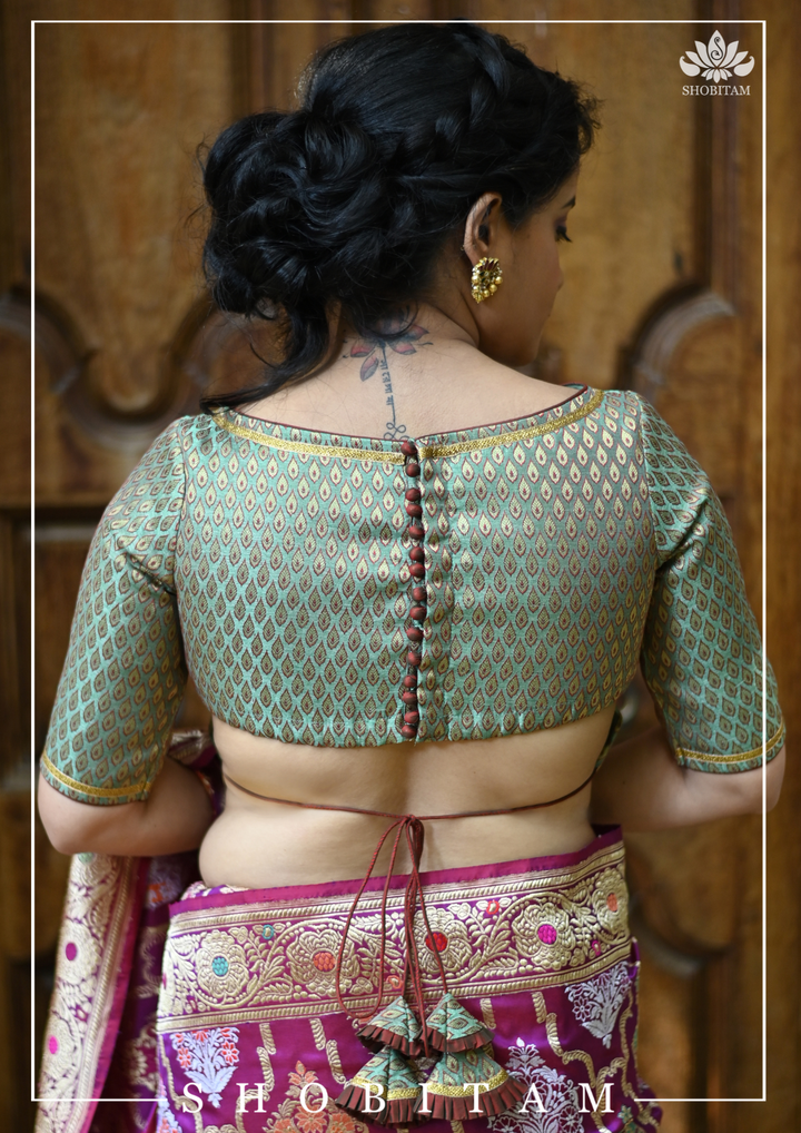 Teal Banarasi Meenakari Buti Brocade Blouse with tie back base